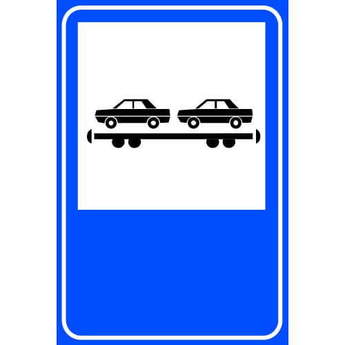 Sinjali në figurë tregon stacion treni, ku lejohet hyrja e mjeteve që transportohen me tren.
