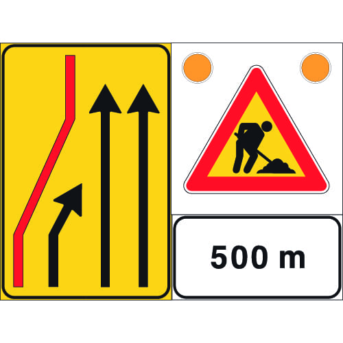 Sinjali në figurë tregon se, pas 500 metrave, bëhen punime në rrugë.