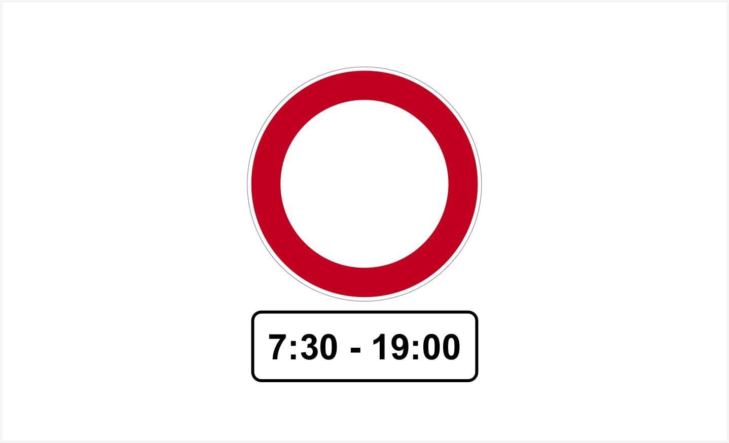 Sinjali i shoqëruar me panelin plotësues, si në figurë, tregon se ndalim qarkullimi i mjeteve është në fuqi nga ora 7:30 deri në orën 19:00.
