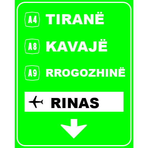 Sinjali në figurë tregon korsinë e autostradës, që duhet zgjedhurpër të shkuar në destinacionet e shënuara.