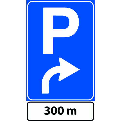 Sinjali në figurë paralajmëron një parkim, që gjendet pas 300 m.